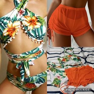 🧡 3 piece Shein Tropical Pom Pom Cross Halter Bikini Swimsuit Mesh Orange Large